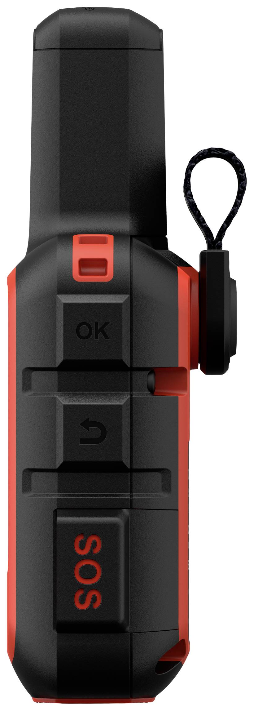 Un appareil portable noir et rouge avec une touche SOS, une touche OK et une flèche de retour. Il dispose d'une boucle sur le côté.