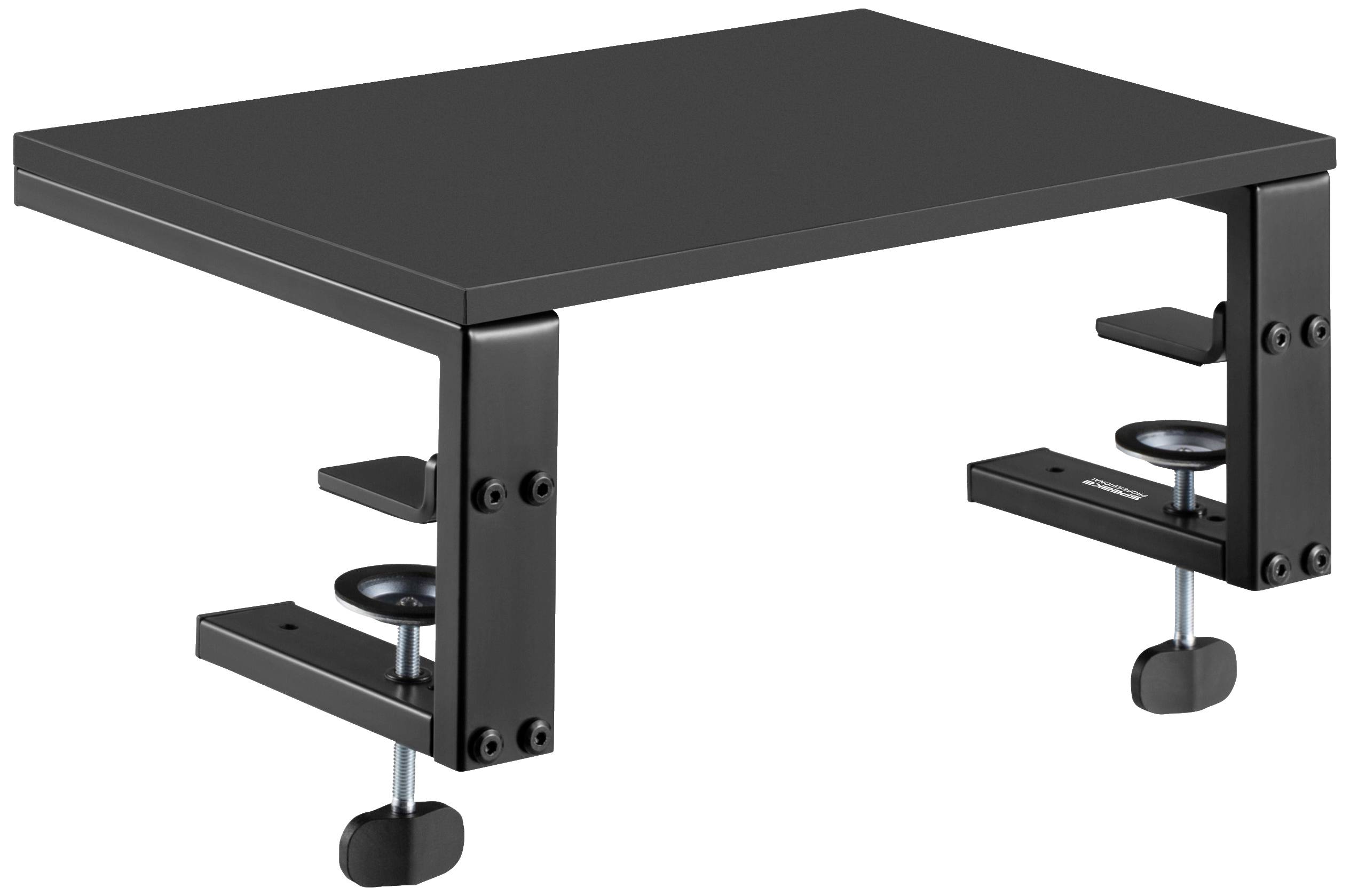 Petit support de table noir avec deux pinces sur les côtés pour une fixation sur le bord d'une table.