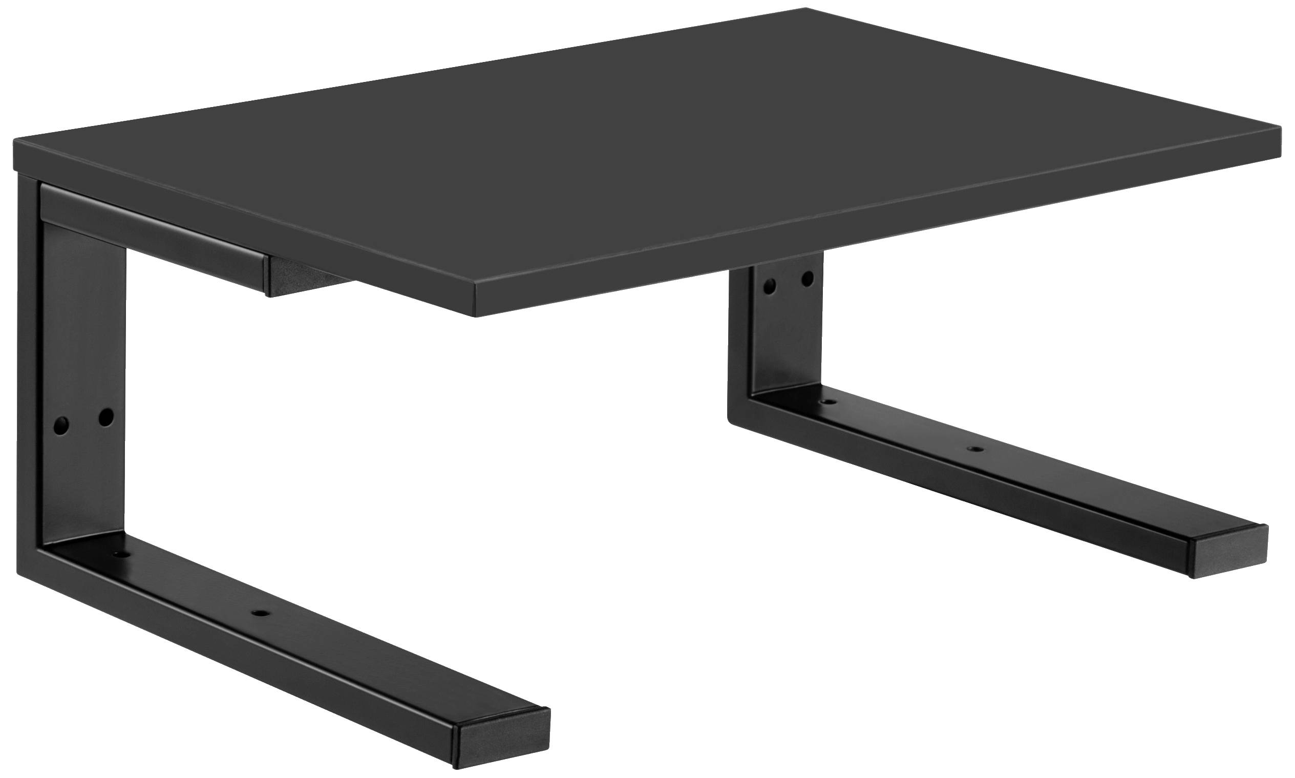 Une étagère rectangulaire noire avec deux supports en forme de U pour une fixation murale.