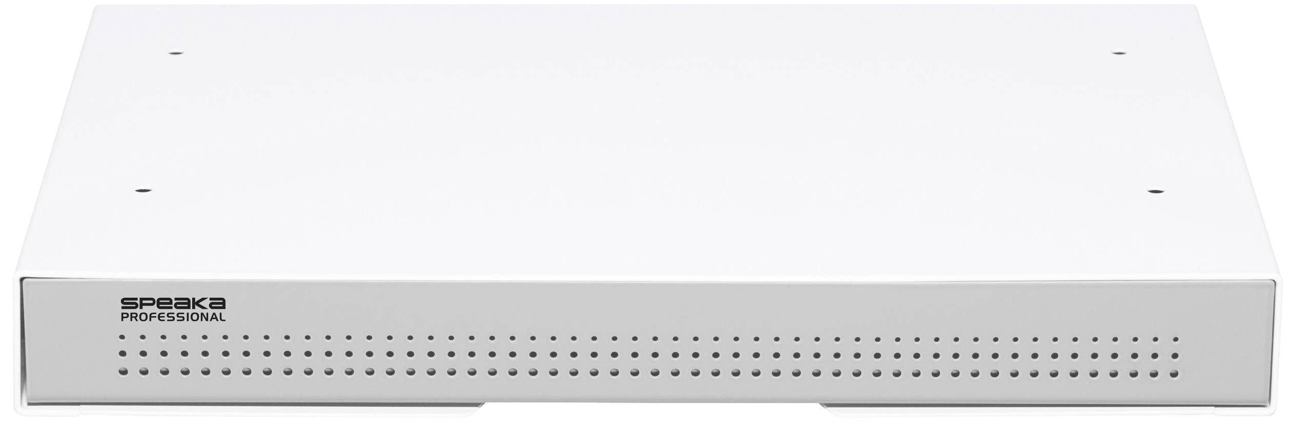 Un appareil électronique blanc de Speaka Professional, rectangulaire avec des trous d'aération sur la façade.