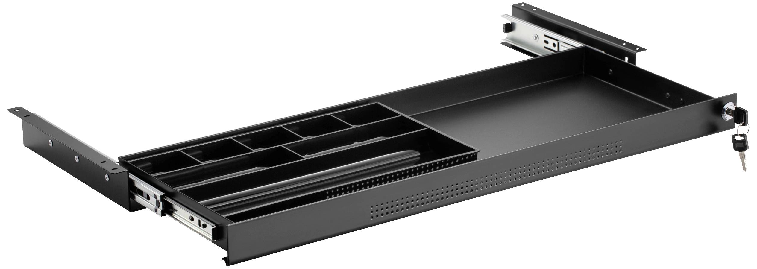 Tiroir métallique avec compartiments, sorti pour être examiné. La clé est suspendue à la serrure, adapté pour le matériel de bureau ou les outils.