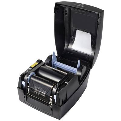 Imprimante d'étiquettes avec boîtier ouvert, montrant le mécanisme interne avec un rouleau de papier.