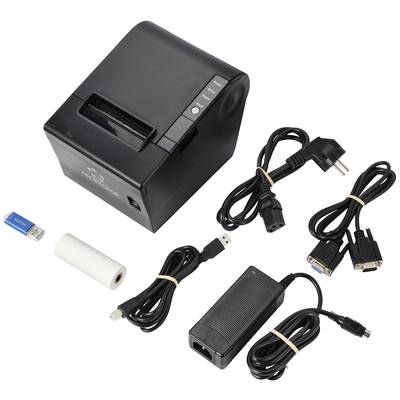 Imprimante thermique avec bloc d'alimentation, clé USB, rouleau de papier et divers câbles. Adaptée aux environnements de point de vente et à l'impression de reçus.