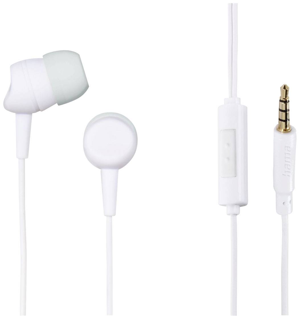 Écouteurs intra-auriculaires blancs avec câble, microphone intégré et connecteur jack 3,5 mm, adaptés aux appareils mobiles.