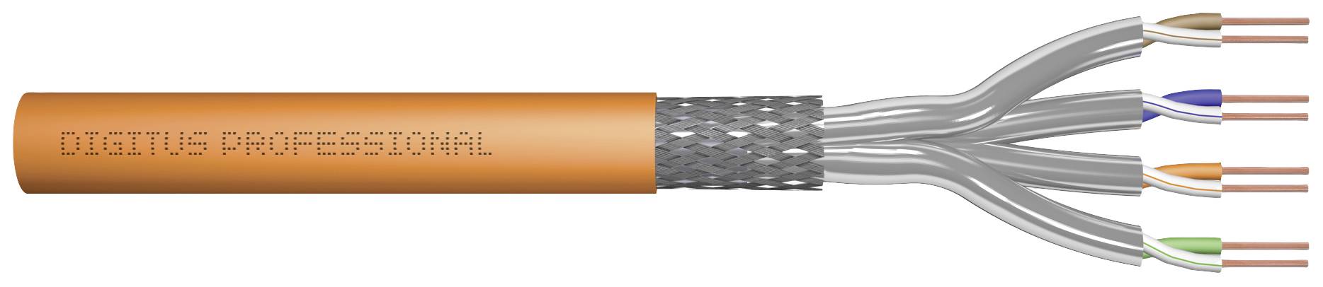 Un câble réseau orange portant l'inscription 'Digitus Professional'. Les faisceaux de câbles sont mis à nu et codés par couleur.