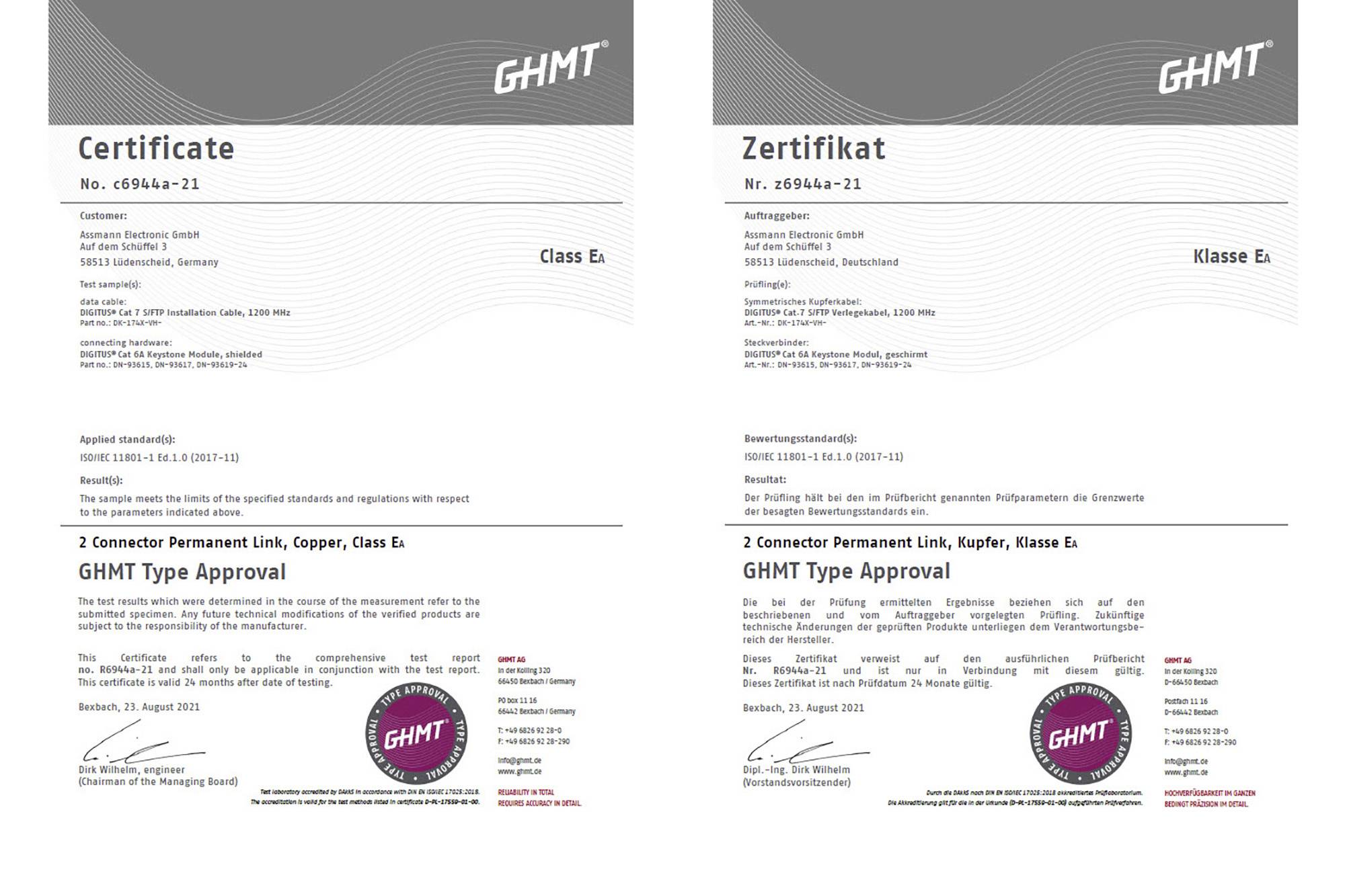 Deux certificats GHMT en anglais et en allemand pour des câbles de classe E, tous deux munis d'un sceau de contrôle et de numéros de certificat, délivrés en 2021.