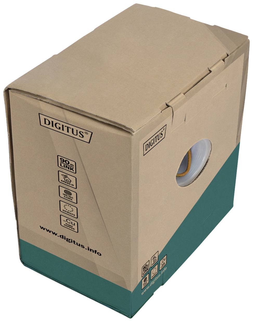 Un carton portant l'inscription 'DIGITUS', contenant un câble réseau. Les impressions indiquent des spécifications techniques et des codes QR.
