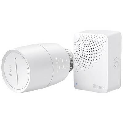Thermostat intelligent 'Kasa' pour radiateur, placé à côté d'un module de synchronisation. Les deux appareils sont blancs avec des designs minimalistes.