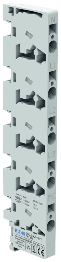 Couvercle avec découpes pour connexions électriques, cinq rangées verticales avec ouvertures marquées pour N, L1, L2, L3, PE.
