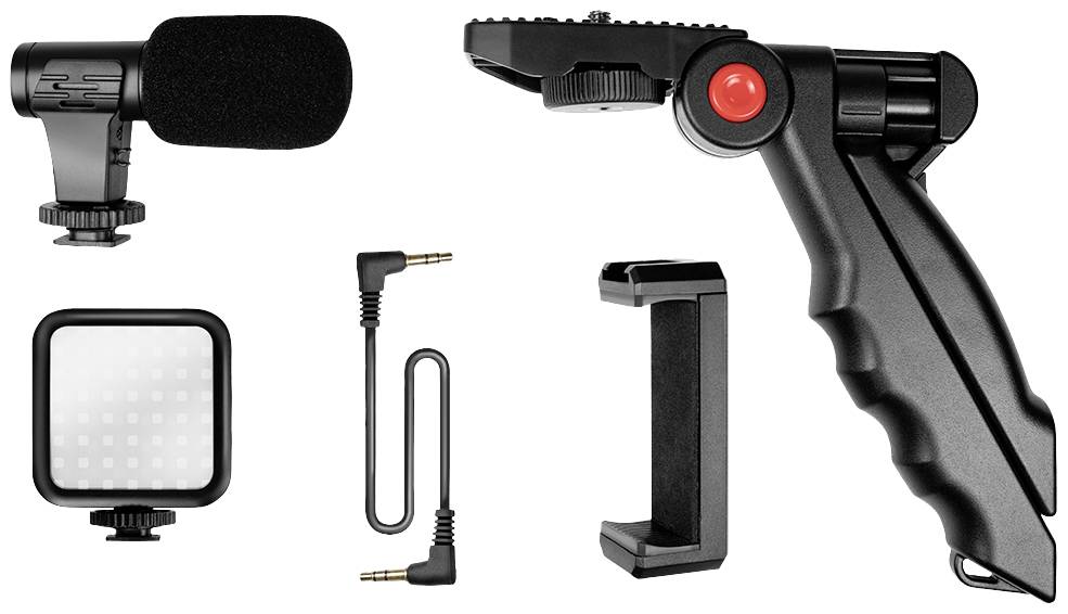 Ensemble comprenant un microphone, un éclairage LED, un support de smartphone, un câble audio et une poignée pour des enregistrements vidéo mobiles.