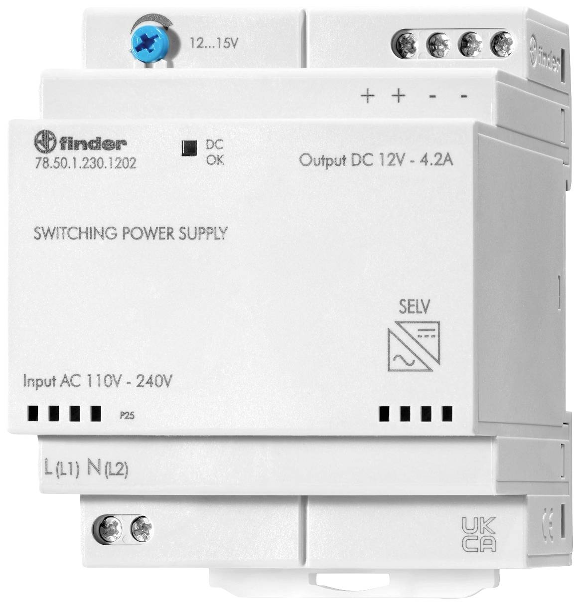 Bloc d'alimentation à découpage avec entrée AC 110V-240V, sortie DC 12V-4,2A. La face avant présente les connexions et les étiquettes : 'Switching Power Supply', 'DC OK'.
