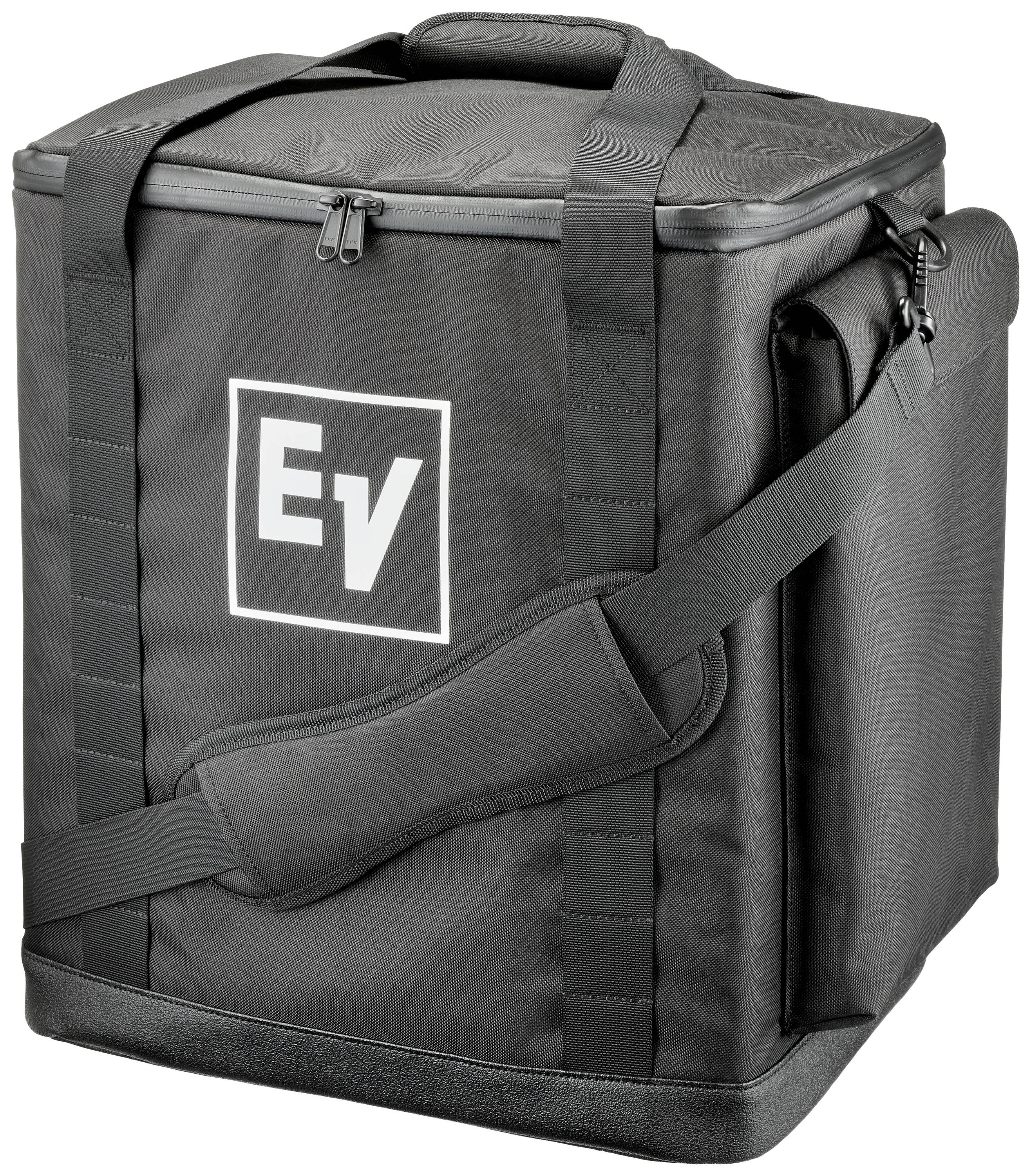 Sac de transport noir avec une bandoulière rembourrée et un logo 'EV' blanc sur l'avant.