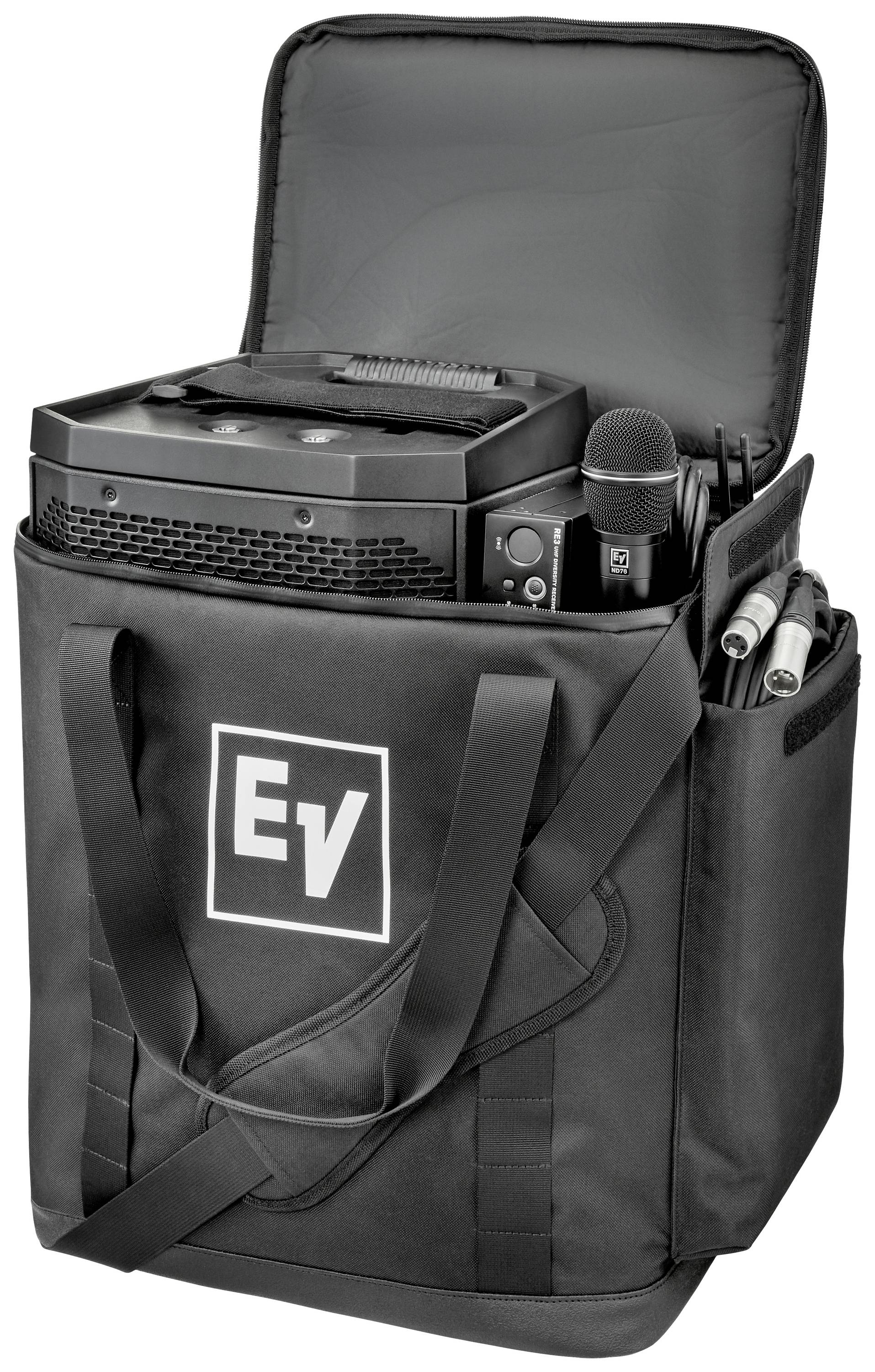 Sac noir pour ordinateur portable avec microphone et appareils audio. Le sac porte un logo "EV" et un rabat ouvert qui révèle son contenu.