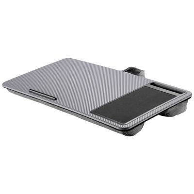 Coussin de laptop portable gris avec tapis de souris intégré et support-stylo, idéal pour travailler confortablement sur ses genoux.