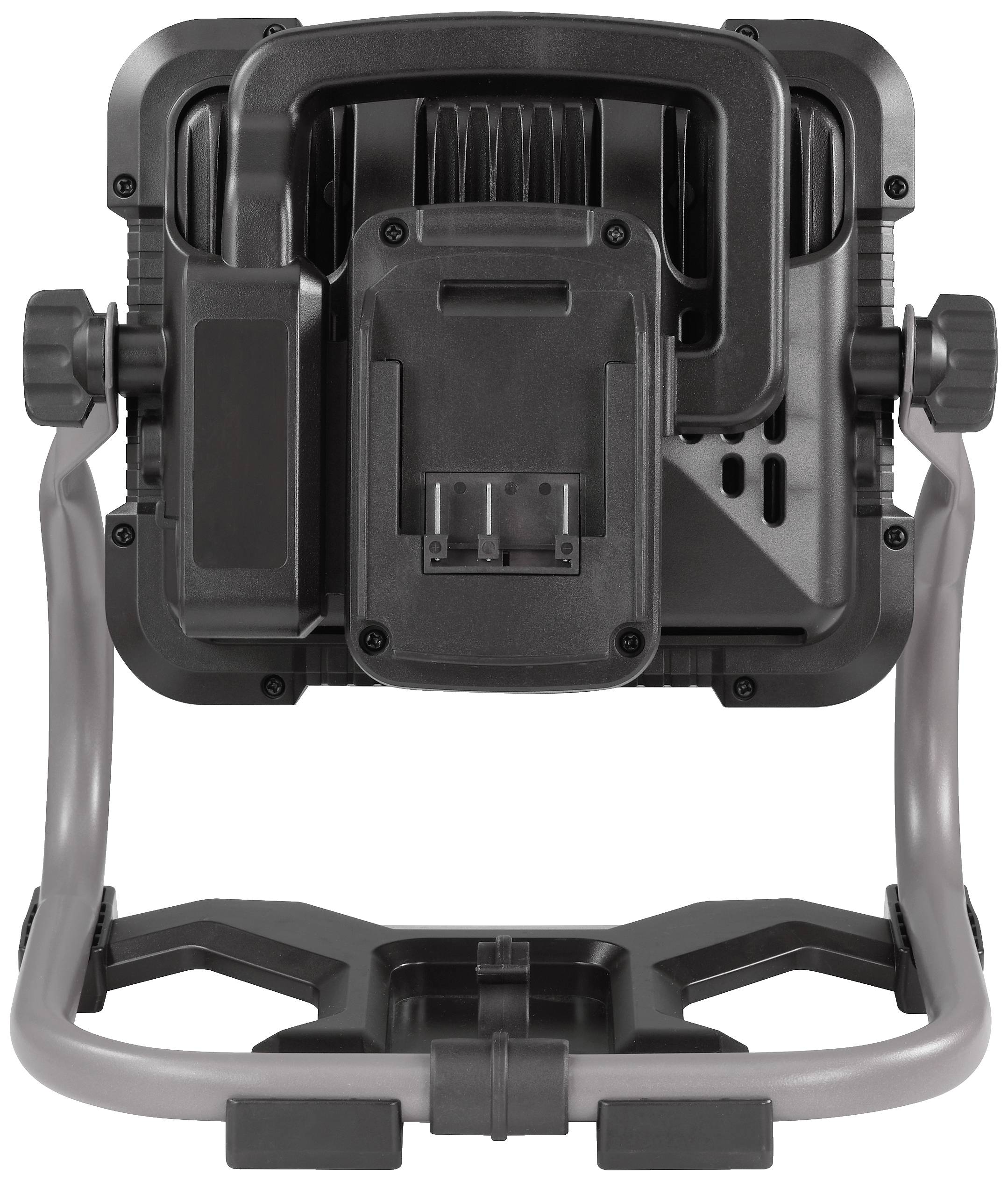 Projecteur LED portable avec boîtier noir et pied pliable. Vue arrière avec poignée et éléments de fixation.