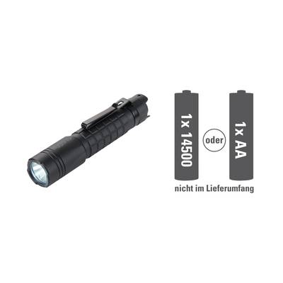 Une lampe de poche noire et deux types de piles côte à côte. Texte : « 1x 14500 ou 1x AA, non fournis ».