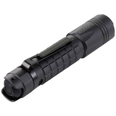 Une lampe de poche noire avec une poignée texturée et un clip sur le côté.
