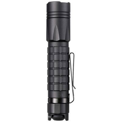 Lampe de poche noire avec poignée texturée et clip de ceinture, debout.