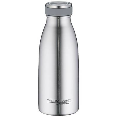 Bouteille isotherme argentée de la marque 'THERMOcafé'. Adaptée pour maintenir les boissons au chaud. Forme cylindrique avec couvercle amovible.