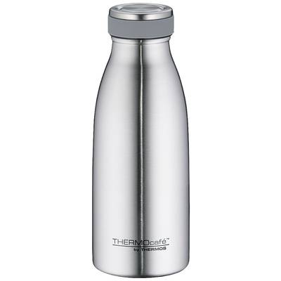 Bouteille isotherme argentée avec le logo "THERMOcafé" sur l'avant, design élancé avec un couvercle gris, adaptée aux boissons chaudes ou froides.