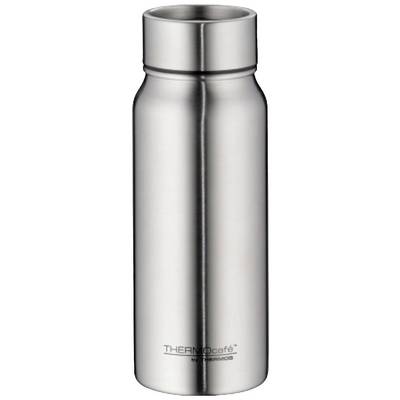 Une bouteille isotherme en acier inoxydable argenté de forme cylindrique avec le logo 'ThermoCafe by THERMOS' en bas.