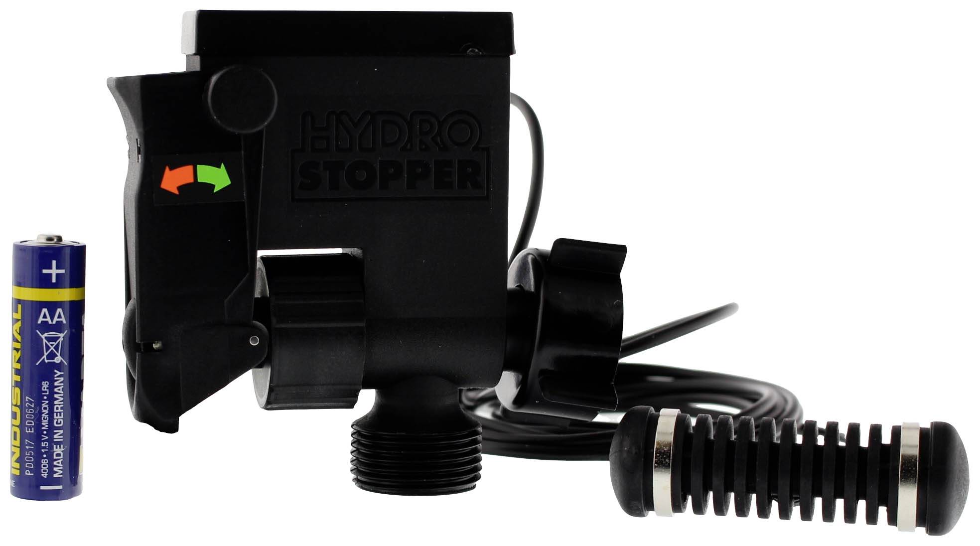 Dispositif 'Hydro Stopper' avec câble et fiche, montrant les connexions à vis, fonctions marquées par des flèches. Batterie placée à côté pour comparaison de taille.