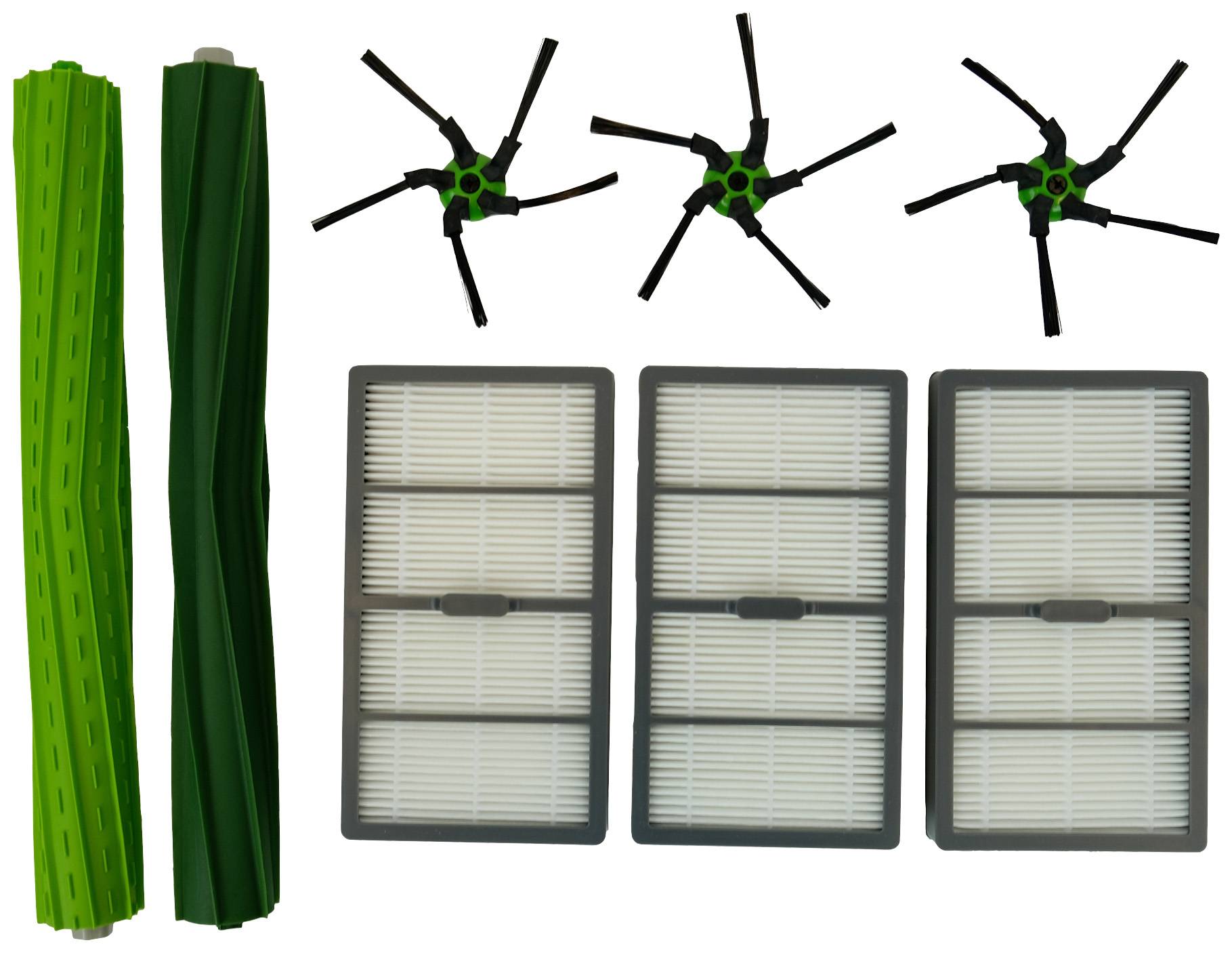 Ensemble d'accessoires pour un aspirateur robot comprenant deux rouleaux de brosses verts, trois brosses latérales et trois filtres rectangulaires.