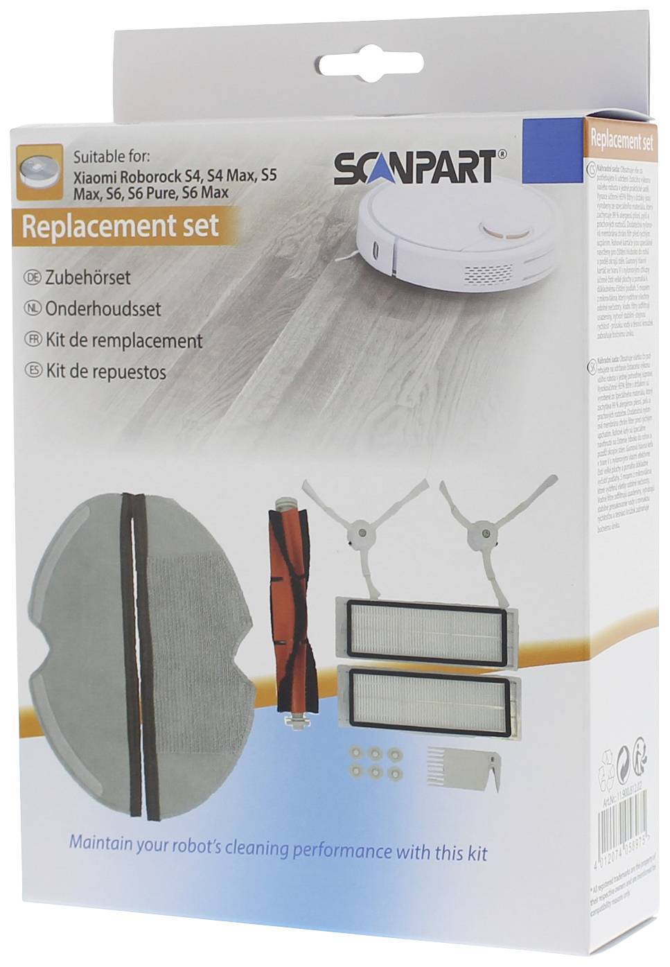 Ensemble de pièces de rechange pour aspirateur robot. Comprend un chiffon de nettoyage, des brosses et des filtres. Compatible avec les modèles Roborock S4–S6.