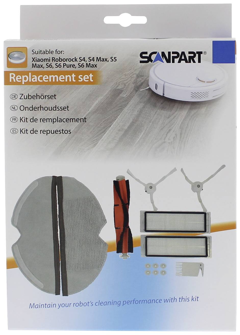 'Ensemble de remplacement Scanpart pour Xiaomi Roborock S4 à S6. Comprend : brosses latérales, filtre, lingettes. Performance de nettoyage améliorée.'