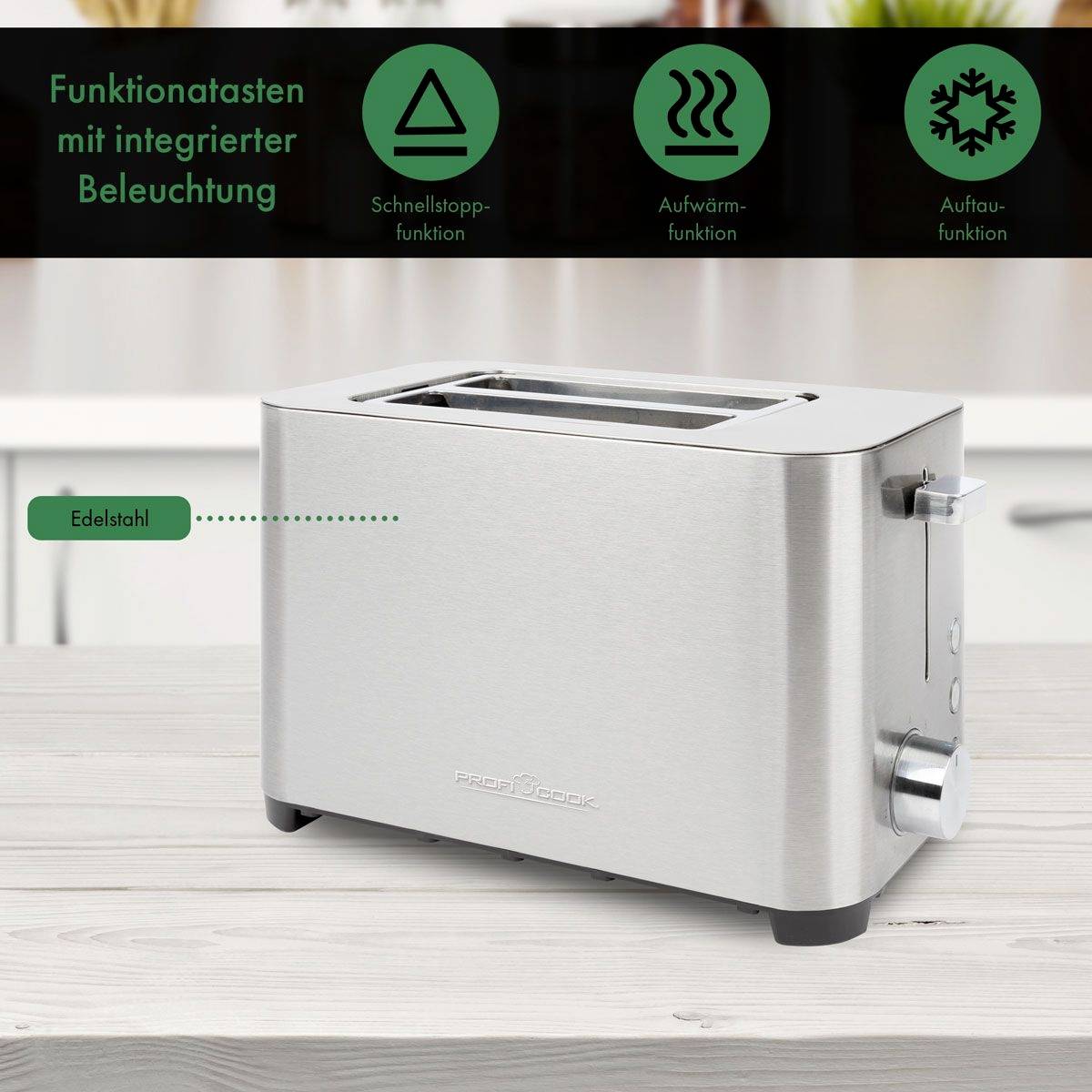 Grille-pain en acier inoxydable avec touches d'arrêt rapide, de réchauffage et de décongélation. Fonctions mises en évidence par des symboles et du texte.