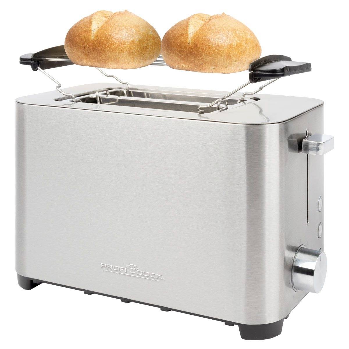 Un grille-pain argenté avec deux petits pains sur un support à viennoiseries. Le grille-pain dispose d'un bouton rotatif et d'un levier de commande.