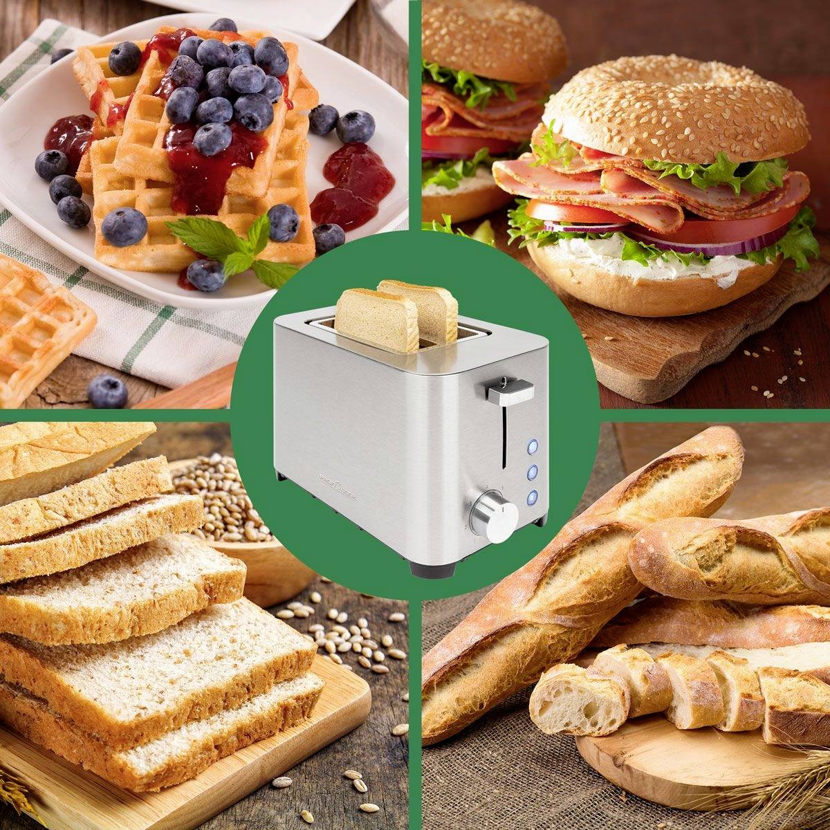 Un grille-pain au centre, entouré de gaufres aux fruits rouges, de burgers garnis et de différents types de pain.