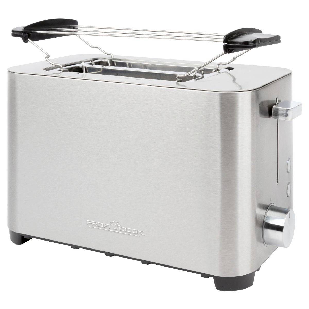 Un grille-pain argenté avec deux fentes et un support pour petits pains. Sur le côté se trouvent un bouton rotatif et deux touches.