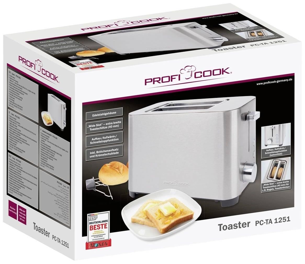 Emballage d'un grille-pain professionnel Profi Cook, modèle PC-TA 1251, illustré avec un toast et un support à petits pains ; caractéristiques du produit visibles.