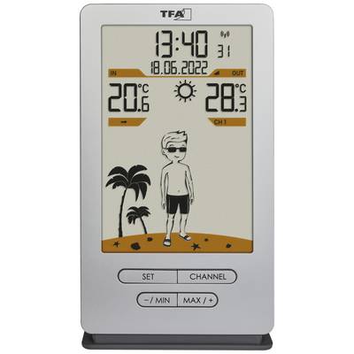 Station météorologique numérique avec l'heure 13h40, date 18.06.2022. Température intérieure 20,6°C, température extérieure 28°C. Dessin d'un garçon sur la plage.