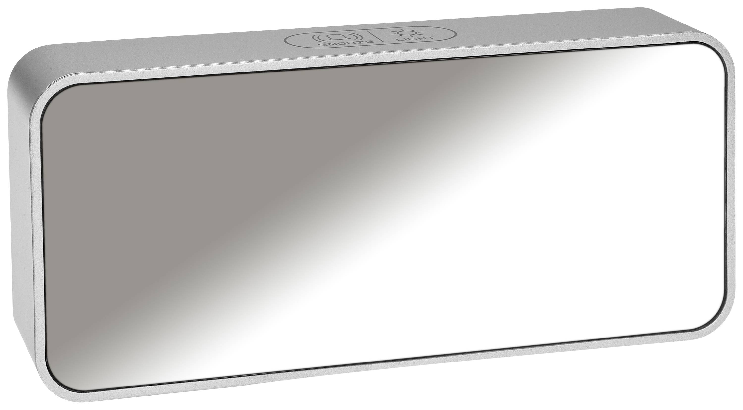 Un capteur rectangulaire argenté aux coins arrondis, à surface réfléchissante et avec des symboles en haut. Dispositif destiné à détecter des mouvements.