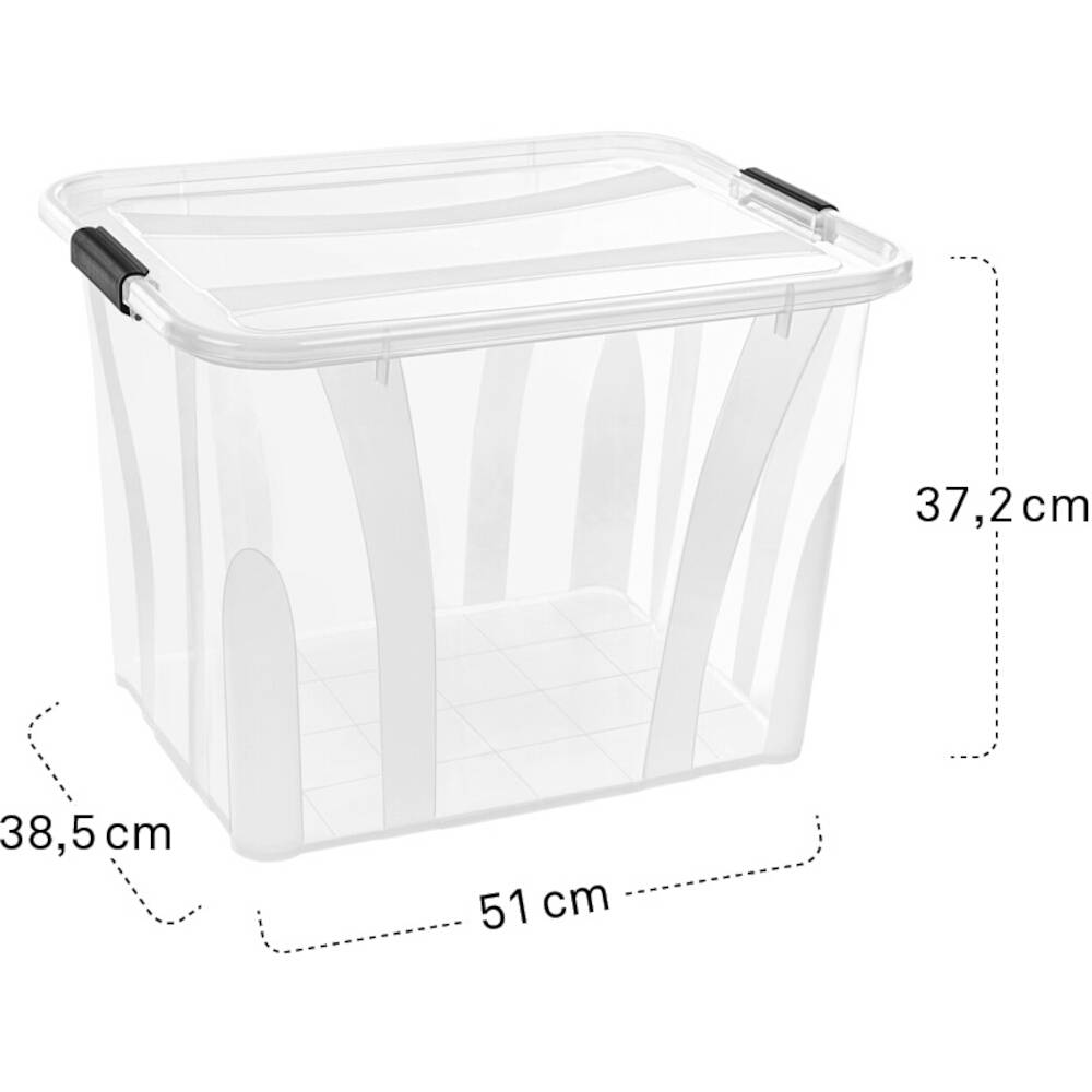 Boîte en plastique transparent avec couvercle et poignées latérales ; dimensions : 51 cm de longueur, 37,2 cm de hauteur, 38,5 cm de largeur.