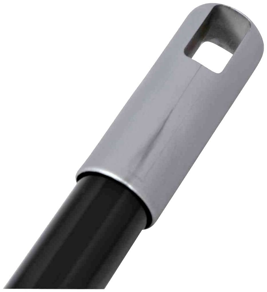 Un tuyau chromé avec une ouverture rectangulaire et un manche noir, probablement une partie d'un outil ou d'un appareil.