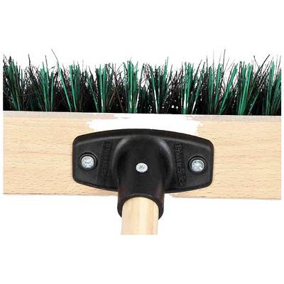 Brosse en bois avec une poignée en plastique rigide et des poils verts et noirs.