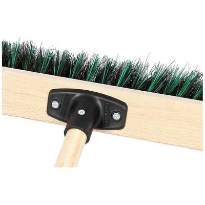 Gros plan sur un balai aux poils verts et noirs, fixés sur un manche en bois. Idéal pour balayer les sols.