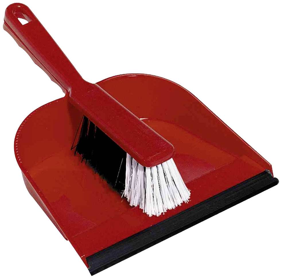Pelle à poussière rouge avec balayette assortie, les poils positionnés sur la surface de la pelle. Adaptée pour ramasser les saletés.