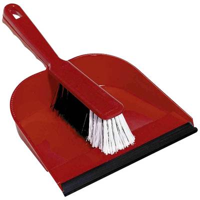 Pelle à poussière rouge avec balayette assortie, les poils positionnés sur la surface de la pelle. Adaptée pour ramasser les saletés.