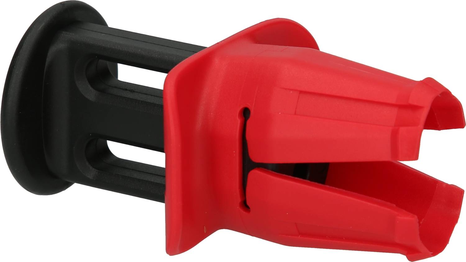 Un outil en plastique rouge avec une poignée noire, doté d'une ouverture claire, probablement utilisé pour fixer ou maintenir quelque chose.