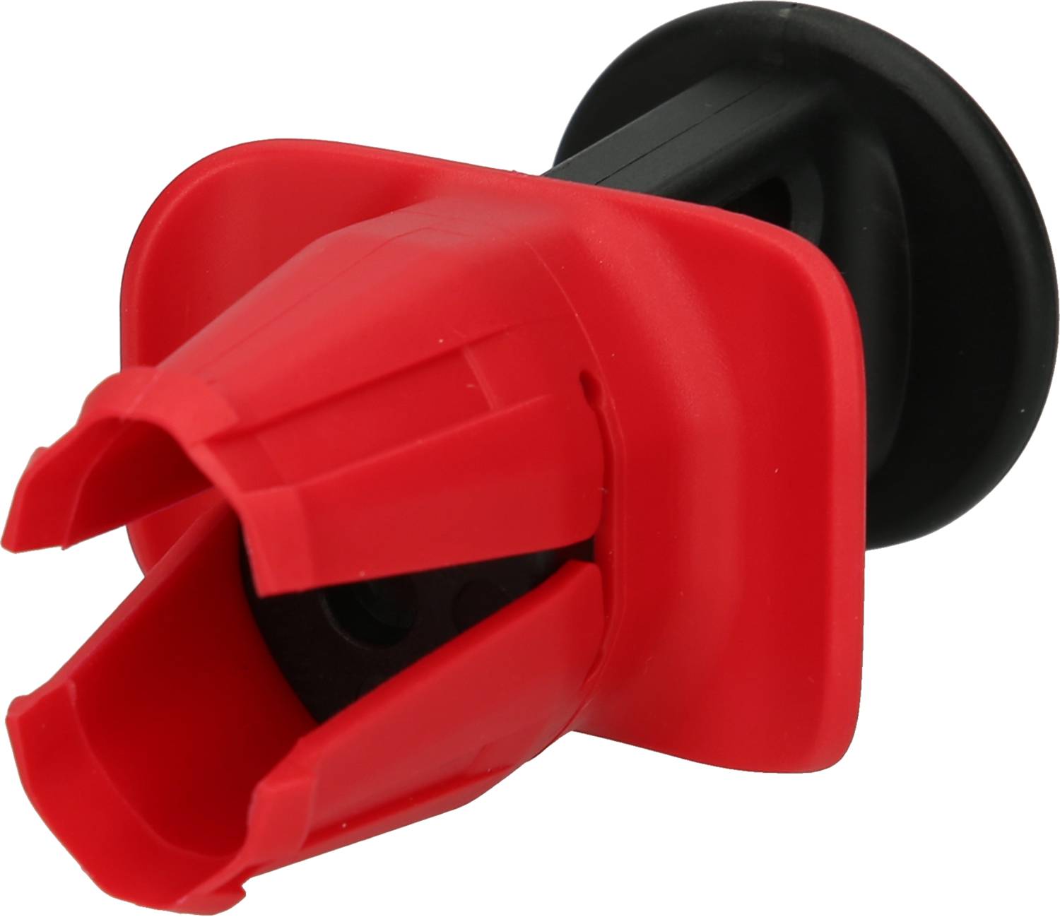 Un ventouse rouge, de forme conique, avec une poignée noire. Il sert très probablement de support ou de porteur pour un objet.