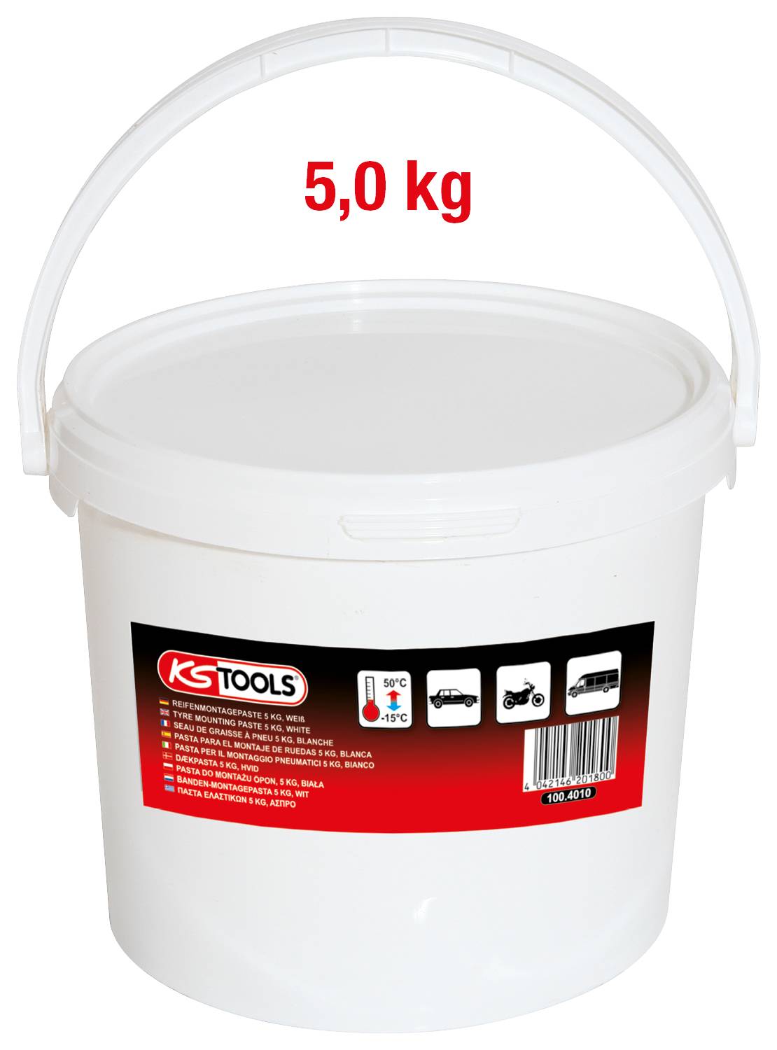 Un seau en plastique blanc pesant 5,0 kg, avec le logo rouge de KS-Tools. Contient des symboles indiquant une utilisation pour voiture, moto et camion.
