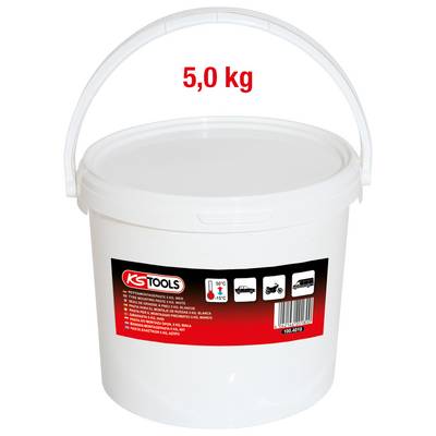 Un seau en plastique blanc pesant 5,0 kg, avec le logo rouge de KS-Tools. Contient des symboles indiquant une utilisation pour voiture, moto et camion.