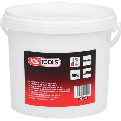 Un seau blanc de pâte de montage de pneus de KS Tools, adapté aux températures de -15°C à 50°C, avec des symboles pour voiture, moto et vélo.