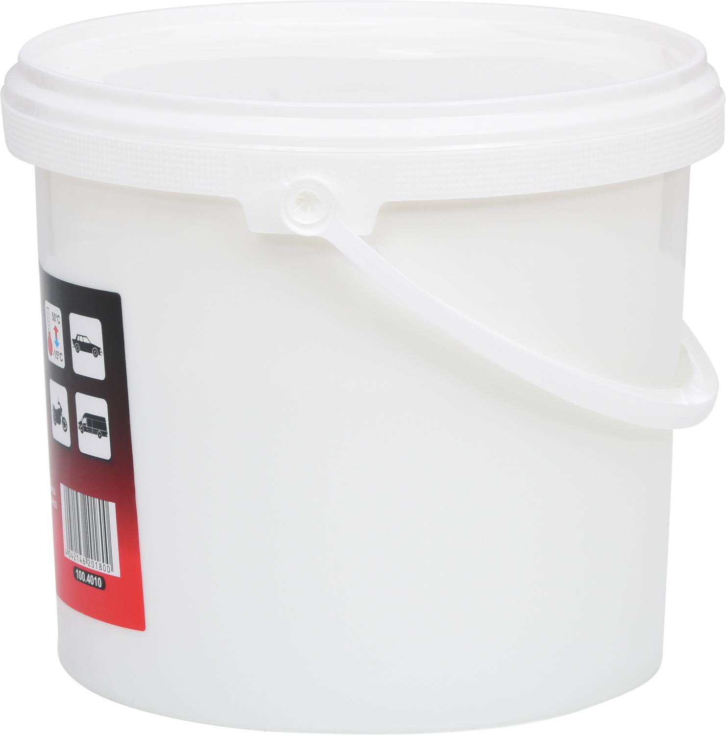 Un seau blanc en plastique avec une poignée, adapté au stockage ou au transport de matériaux liquides ou solides.