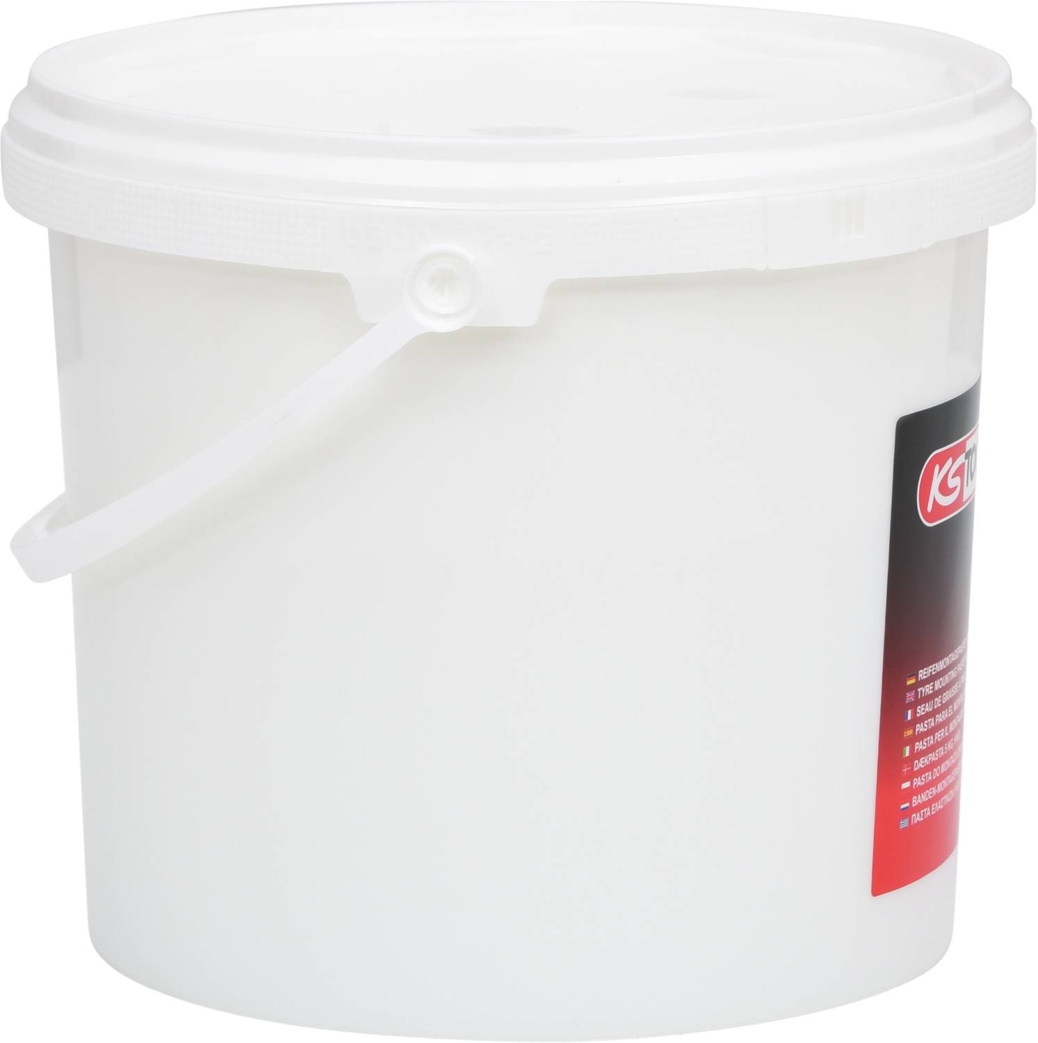 Un récipient en plastique blanc avec couvercle et poignée, adapté au stockage de peintures ou d'autres matériaux de construction.