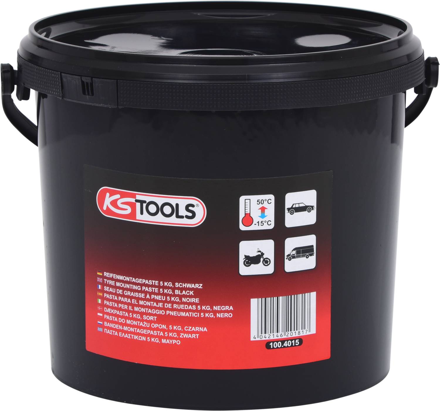 Un seau noir avec une étiquette rouge de KS Tools, contenant 5 kg de pâte de montage de pneus pour voitures et motos, plage de température de -15°C à 50°C.